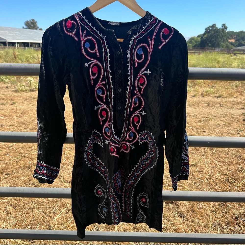 Vintage 1960s embroidered velvet bell sleeve mini dress
